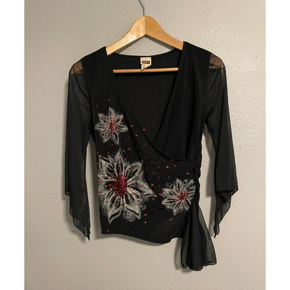 Vintage Minerva USA Womens Faux Wrap Top XL Black Floral Mesh Whimsigoth Fairy